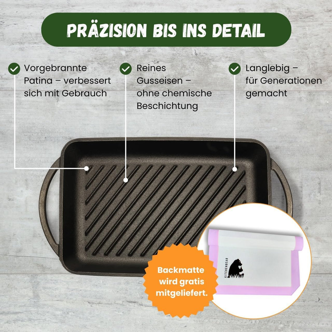 KITCHENBEAR - Grillplatte aus Gusseisen inkl. Silikonmatte - geeignet für Induktion, Gas, Ceran, Bac