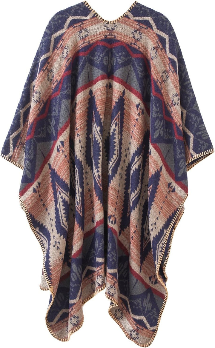 Damen Vintage Farbblocking Schal Wrap Open Front Poncho Übergrosse Winterdecke Elegant Cape Coat Ein