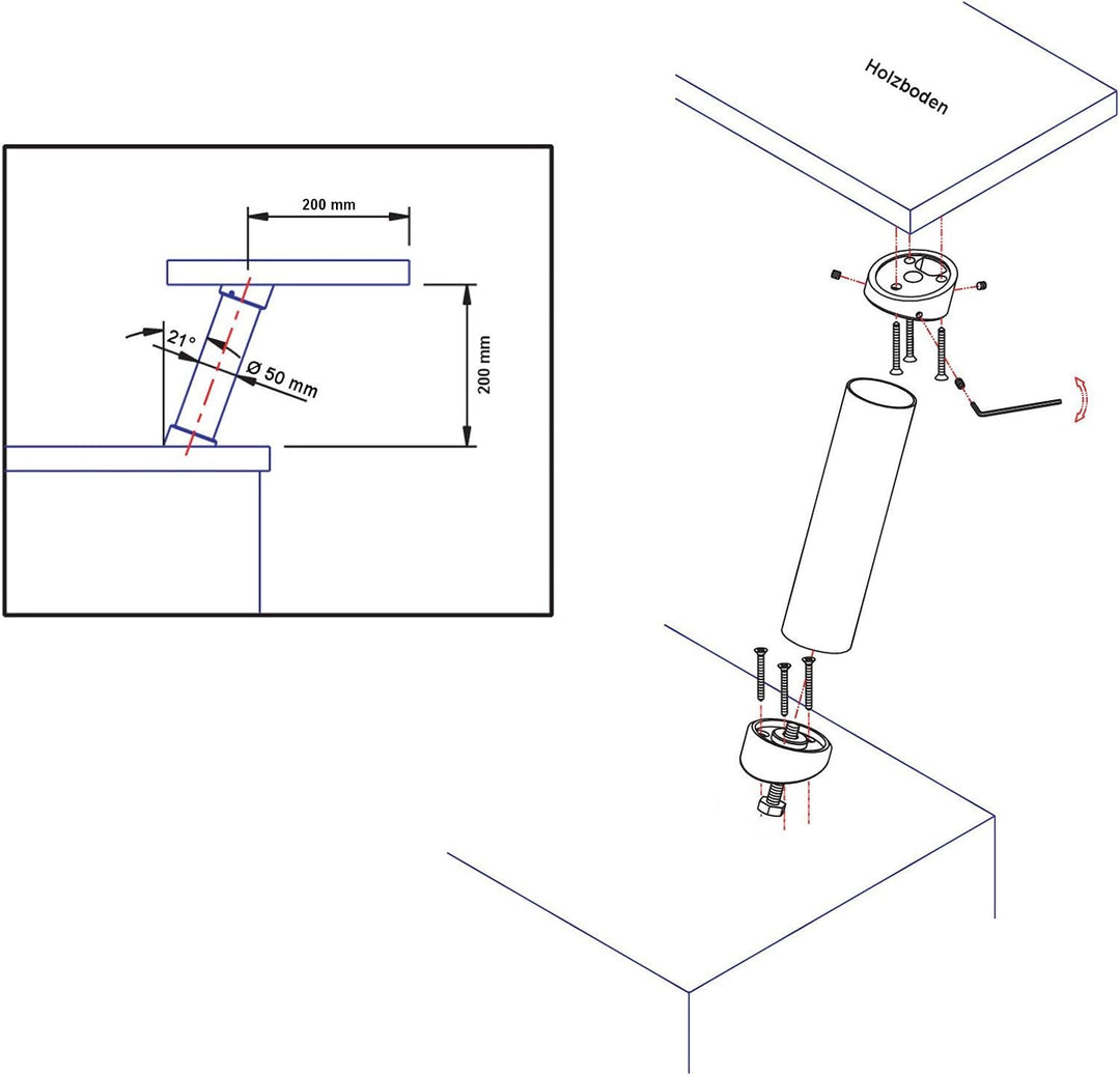 2 Stück Barkonsolen schräg 21° Höhe 200 mm/Ø 50 mm Edelstahloptik Thekenfuss Bar Konsole Tresenfuss
