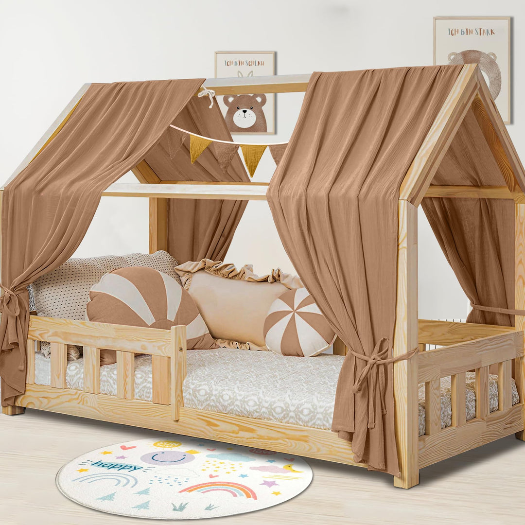 Hausbett Himmel Deko Set, Betthimmel Hausbett aus Musselin - 2 Betthimmel & 1 Wimpelkette, für Junge