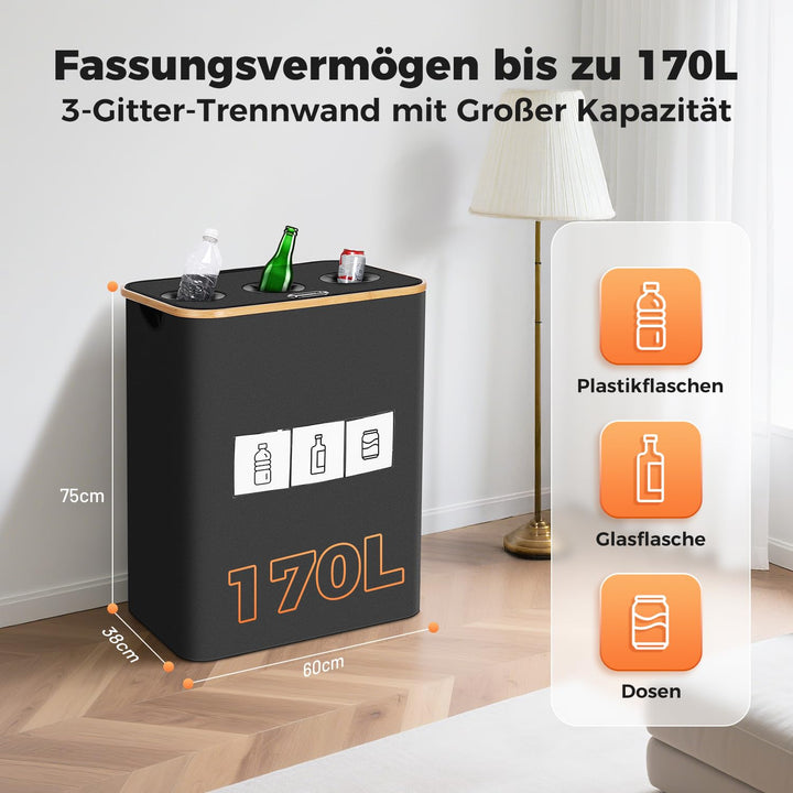 OUSFOT Pfandflaschen Sammelbehälter, 170L Schwarz Pfandflaschen 3 Fächer Leergut Sammelbehälter Pfan