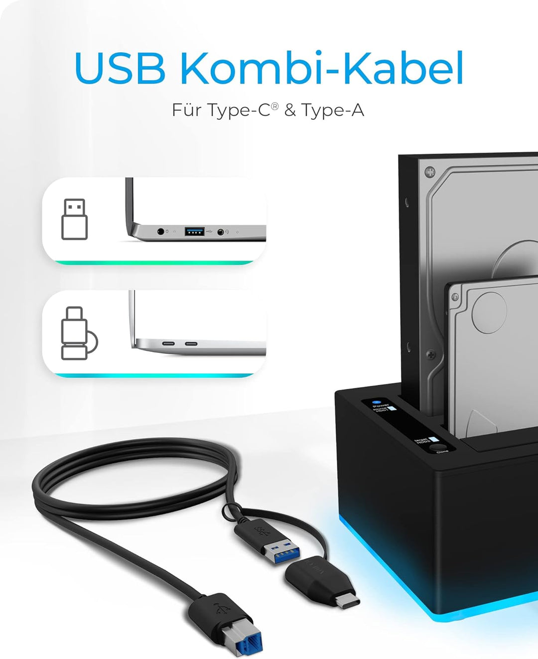 ICY BOX USB 3.0 2-Fach Festplatten Docking Station für 2,5" und 3,5" SATA HDD/SSD, RGB, Offline-Klon