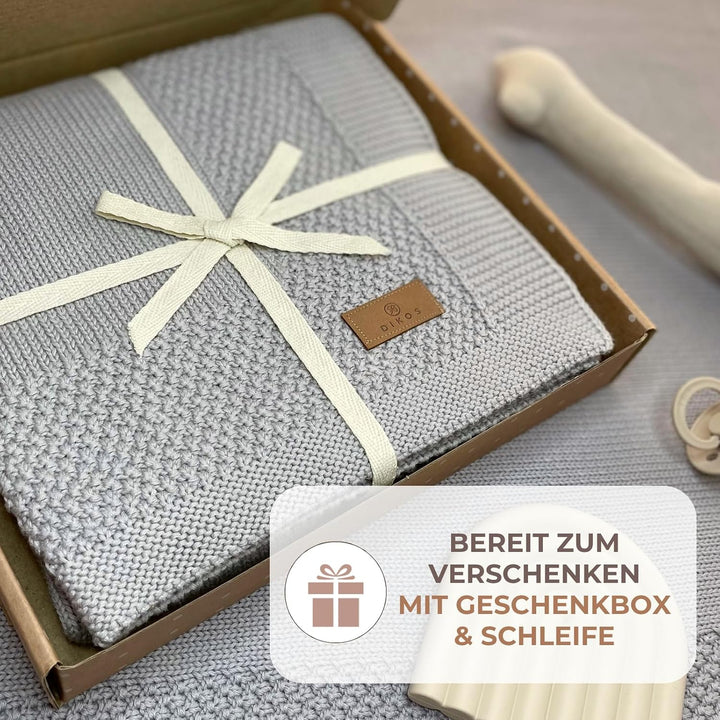 DIKOS® Babydecke aus *100%* GOTS Bio Baumwolle grau | Herbst/Winter Neugeborenen Baby Decke | Strick