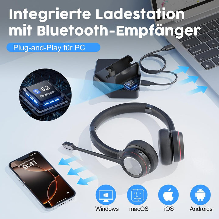 Bluetooth Headset mit Mikrofon, Wireless Headset mit USB Dongle Ladestation, Noise Cancelling Mikrof