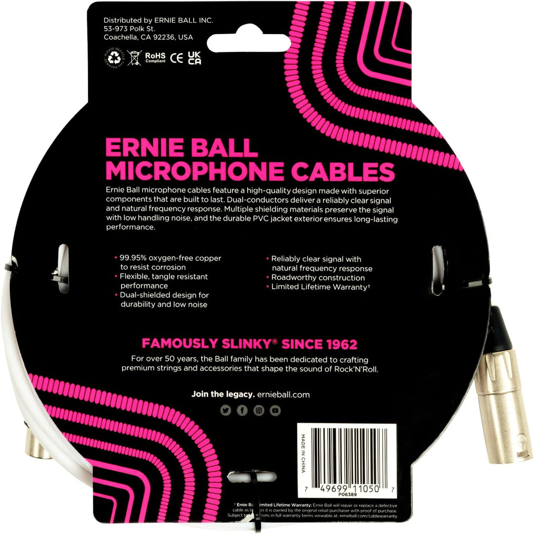 Ernie Ball klassisches XLR-Mikrofonkabel männlich/weiblich 6,10 m (20 ft) - Weiss White 6,1 m, White