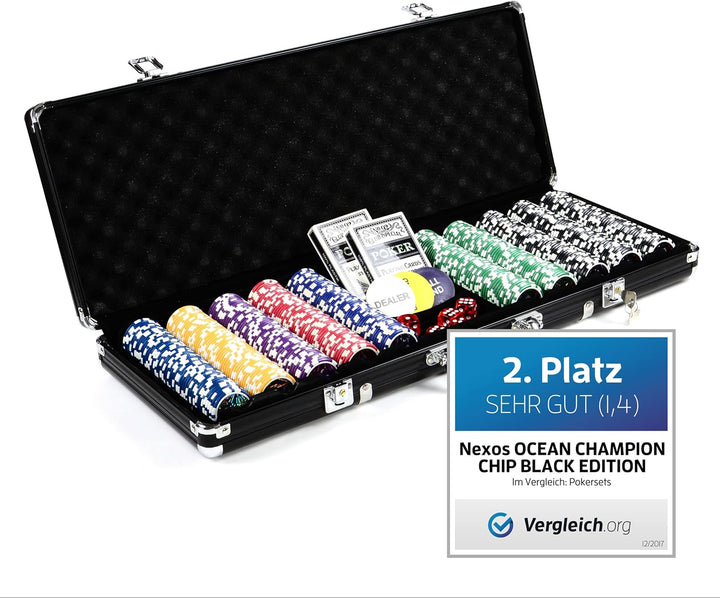Pokerkoffer Black Edition mit 500 abgerundeten Ocean Champion Chips hochwertige Metallkern Jetons 12