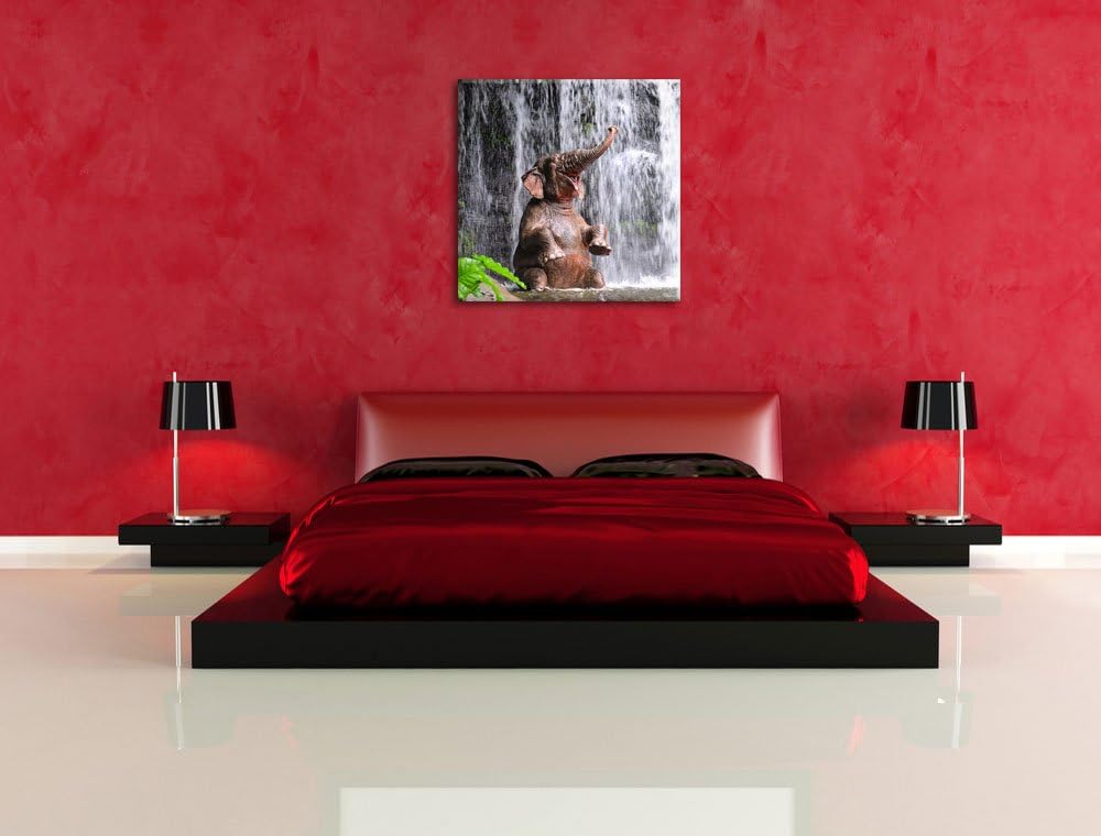 Babyelefant am Wasserfall, Format: 70x70 auf Leinwand, XXL riesige Bilder fertig gerahmt mit Keilrah