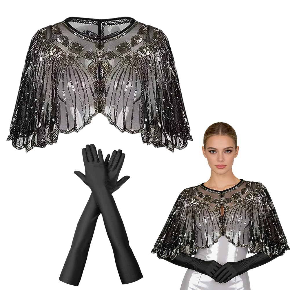 1920er Jahre Retro Schal Set mit Pailletten &amp; Perlen 2 Stück, Umschlagtuch Cape für Damen, Lange Sat