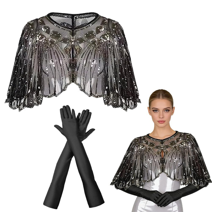1920er Jahre Retro Schal Set mit Pailletten &amp; Perlen 2 Stück, Umschlagtuch Cape für Damen, Lange Sat