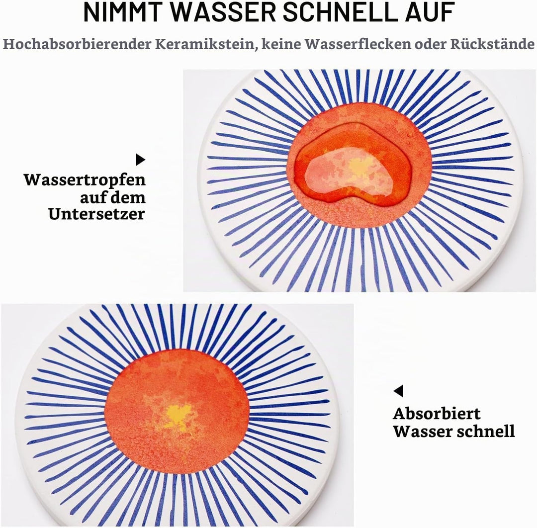 Untersetzer Gläser, Keramik untersetzer 6er Set, Saugfähig Kork Keramik Glasuntersetzer mit Halter f