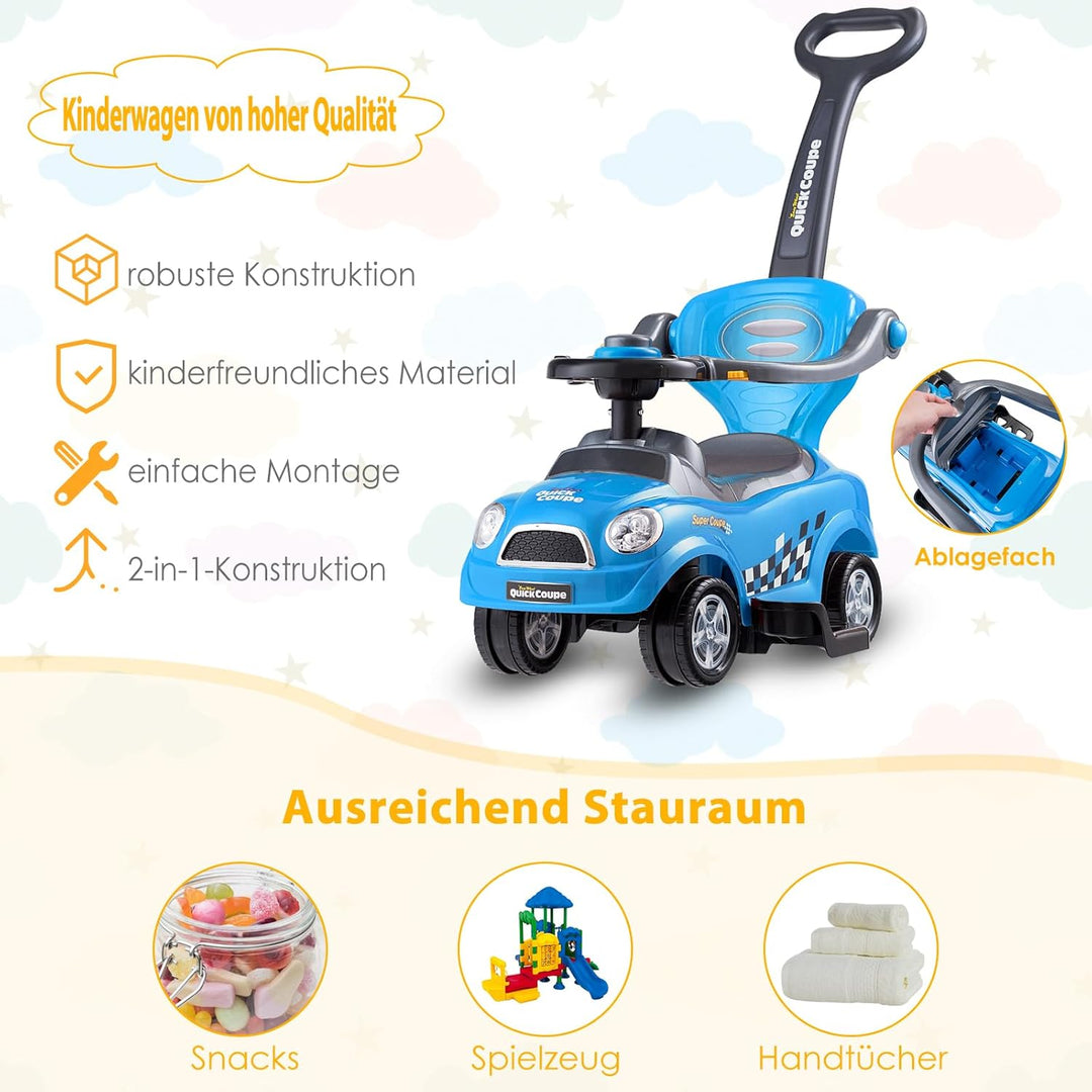 DREAMADE Rutschauto mit Schiebestange, Rutschfahrzeug mit abnehmbarem Sicherheitsbügel & Fussstützen