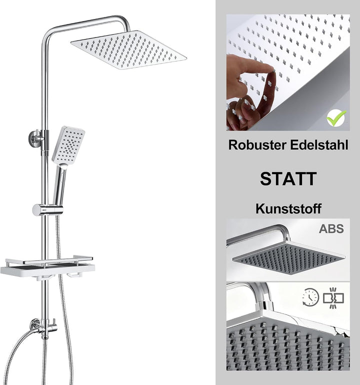 JOHO Regen Dusche Rainshower Überkopfbrauseset Regendusche Duschset Duschsystem mit Ablage Chrom(Kop