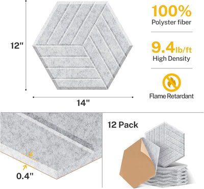 JAMELO 12 Stück sechseckige selbstklebende Akustikplatten aus Polyester zur Schalldämmung, 35 x 30 x