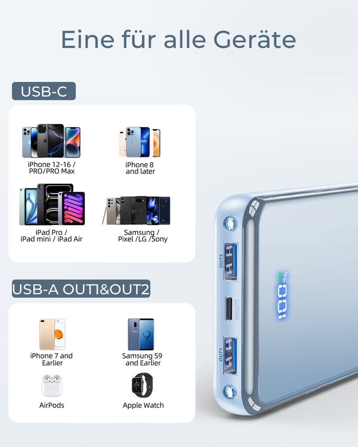 Power Bank, 30% Grössere Kapazität 26800mAh Powerbank, mit 3-in-1 Kabel,Blau