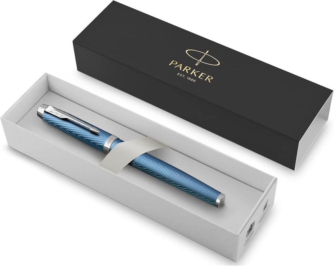 Parker IM Rollerball Tintenroller , Blaugraue Premium-Lackierung mit Chromverzierung , Feine Schreib