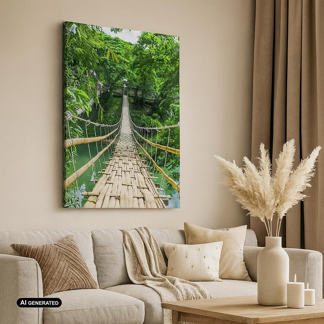 Bilder auf Leinwand 55x100cm Leinwandbild mit Rahmen Gehweg Baum Holz Steg Gross Wanddeko Bild Schla