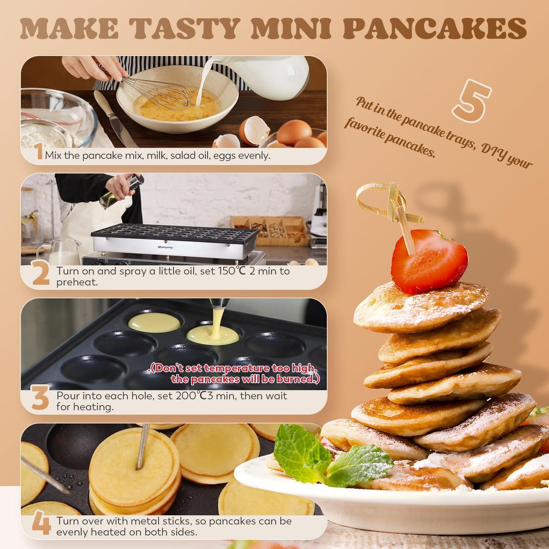 Mini Dutch Pancake Maker 50PCS, Kommerzielle Antihaft-Crepesmaker Maschine 50-300℃ Temp und 0-5 Zeit