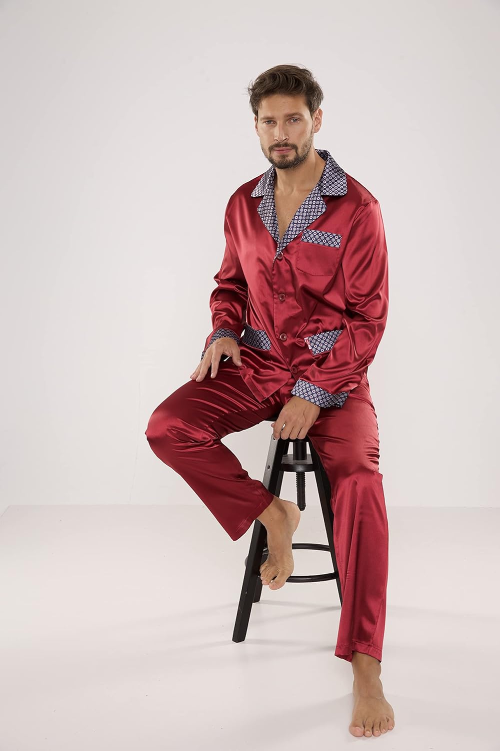 FOREX Lingerie edler und hochwertiger Satin-Pyjama Herren-Schlafanzug Hausanzug im tollen Design M B