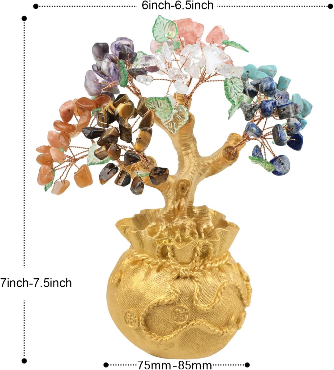 mookaitedecor 7 Chakra Stein Geld Baum mit goldenen Geldbeutel Basis, Feng Shui Baum Bonsai Ornament
