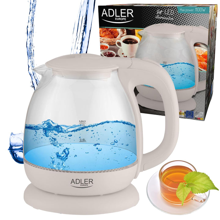 adler AD 1238 Elektrischer Wasserkocher aus Glas, klein, 1 l, 1100 W, LED-Beleuchtung, 1 Liter, Beig
