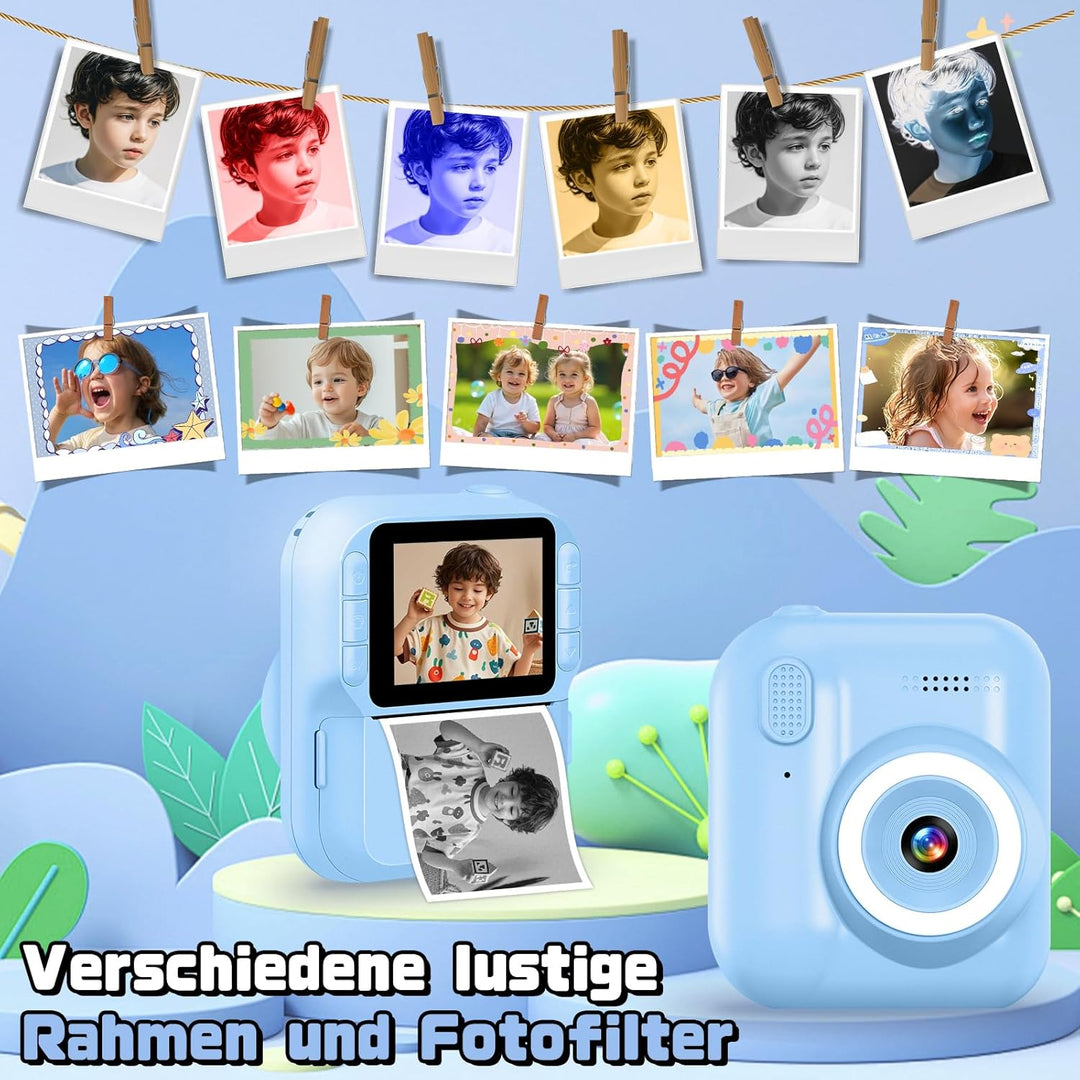 Kinderkamera Sofortbildkamera, 1080P Sofortbildkamera Kinder mit 32GB Karte & 3 Rollen Druckpapier,