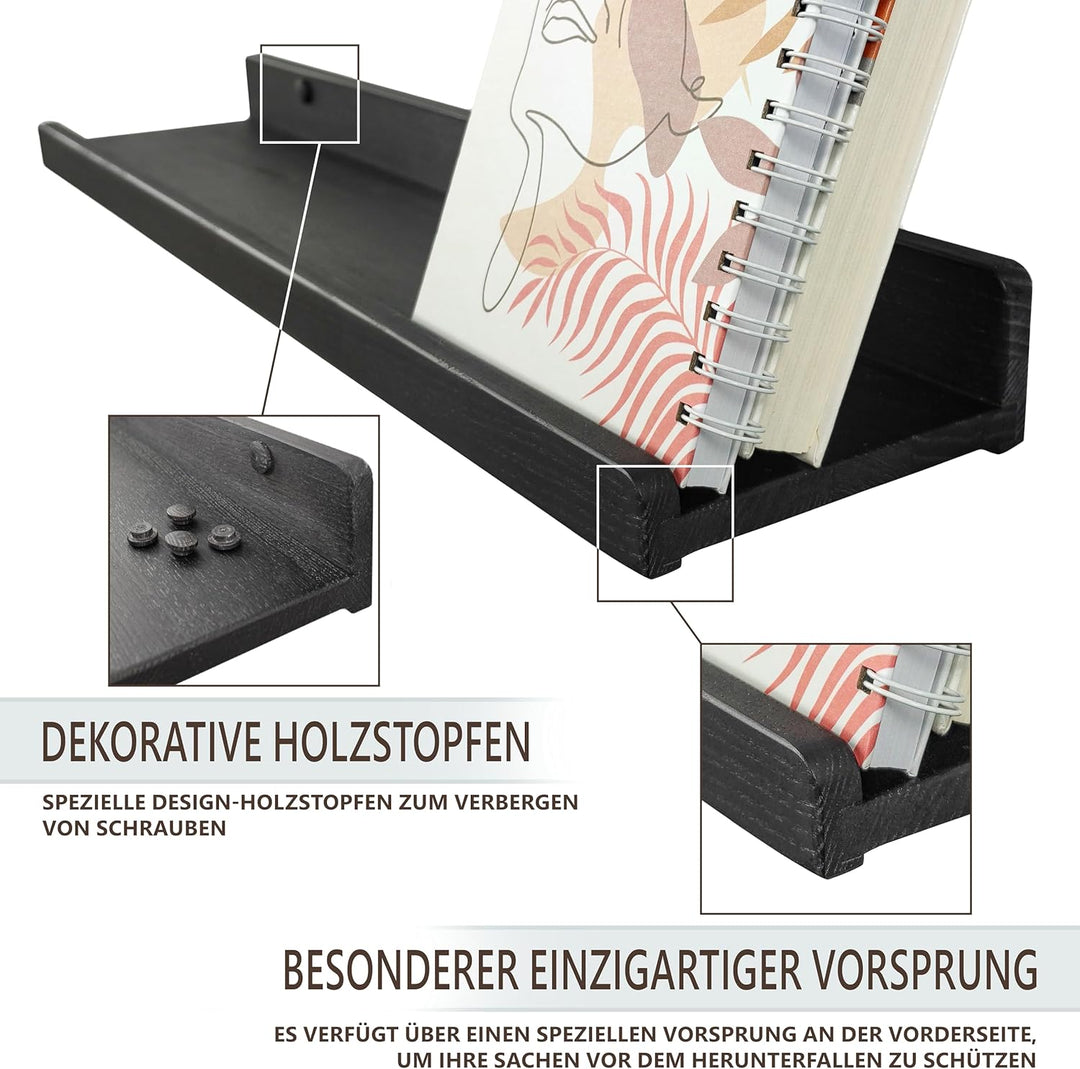 Handgearbeitet Wandregal Schwarz 30 cm, Regal Wand Holz 2er-Set, Hängeregal Wandhalterung Regalbrett