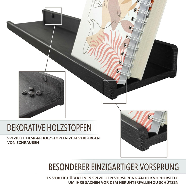 Handgearbeitet Wandregal Schwarz 30 cm, Regal Wand Holz 2er-Set, Hängeregal Wandhalterung Regalbrett