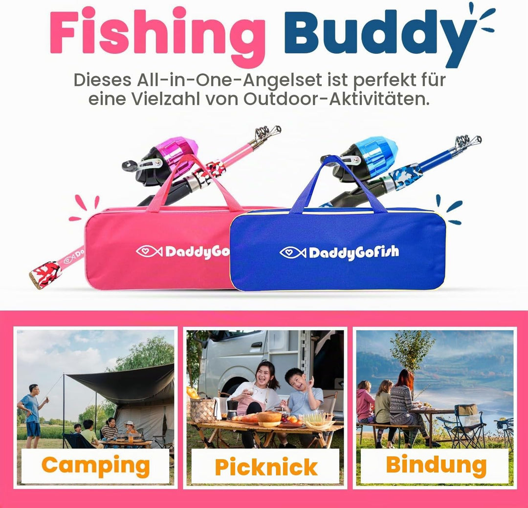 DaddyGoFish Kinder Angelset - Teleskoprute & Rolle Combo mit Klappstuhl, Rutenhalter, Tackle Box, Kö