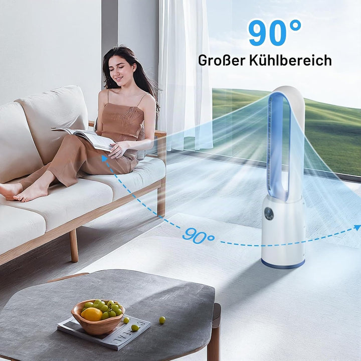 Turmventilator ohne Flügel 88cm – geräuschloser Standventilator mit 55W Motor, LED-Touchscreen & Fer
