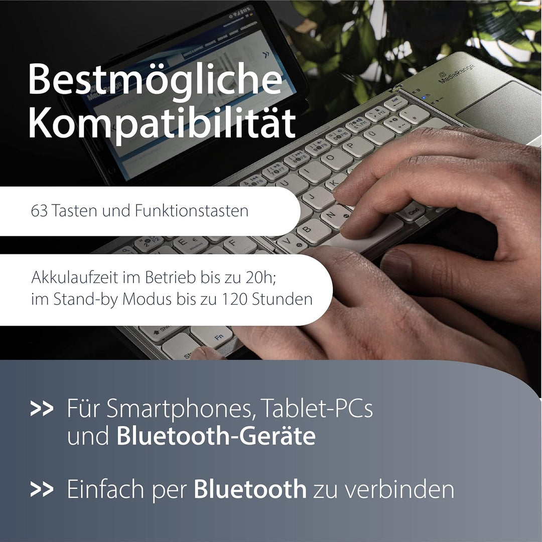 MediaRange kompakte Funk-Tastatur mit 63 Tasten und Touchpad, QWERTZ (DE/AT/CH) Tastaturbelegung, si