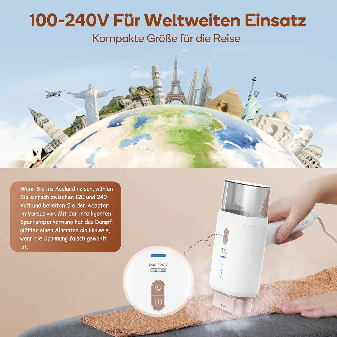 Newbealer Steamer Reise Dampfglätter, 2-in-1 Reisebügeleisen mit umschaltbarer Spannung - 220V/120V,