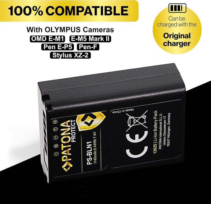 PATONA Protect PS-BLN-1 Akku 1140mAh Ersatzakku kompatibel mit Olympus OMD OM-D E-M1 EM1 E-M5 EM5 E-