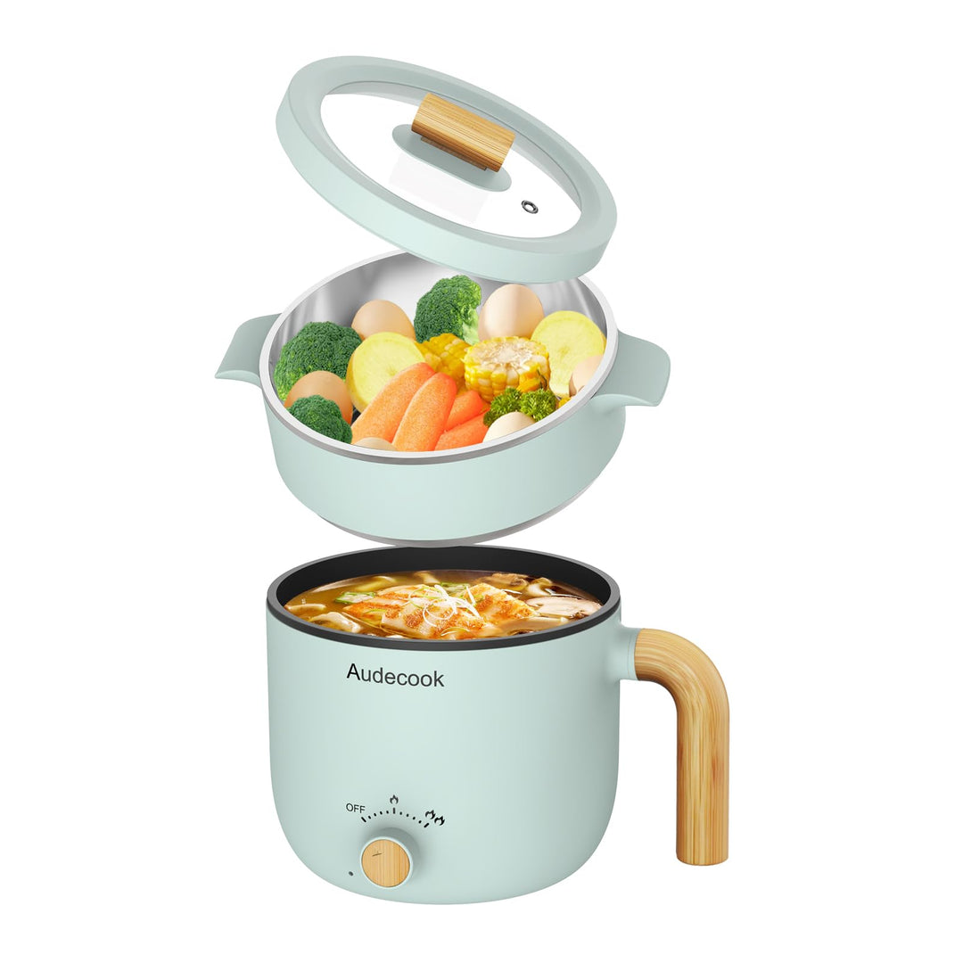 Audecook Elektrische Hot Pot und Dampfgarer, 1.5L Tragbare Mini Antihaft Multikocher, Schneller Rame