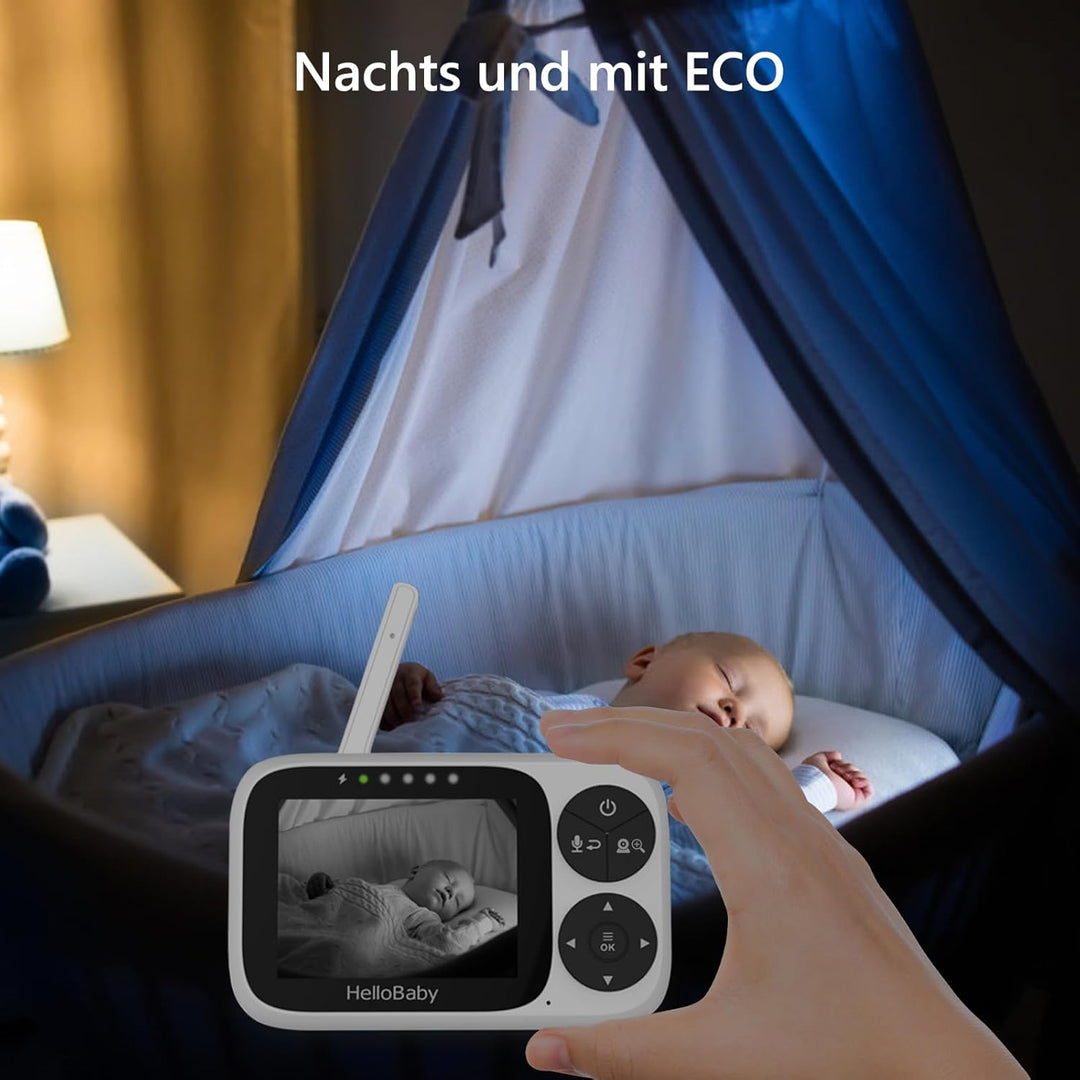 HelloBaby Babyphone mit Kamera, Ohne WLAN, 3,2-Zoll-IPS-Bildschirm, Nachtsicht, Schwenken, Neigen Zo