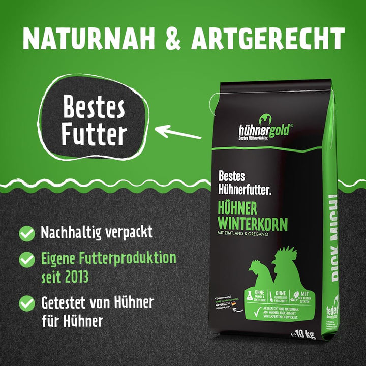 hühnergold Winterkorn 10kg Hühnerfutter Winter | Winter-Alleinfutter für Hühner – mit Kräutern & Bie