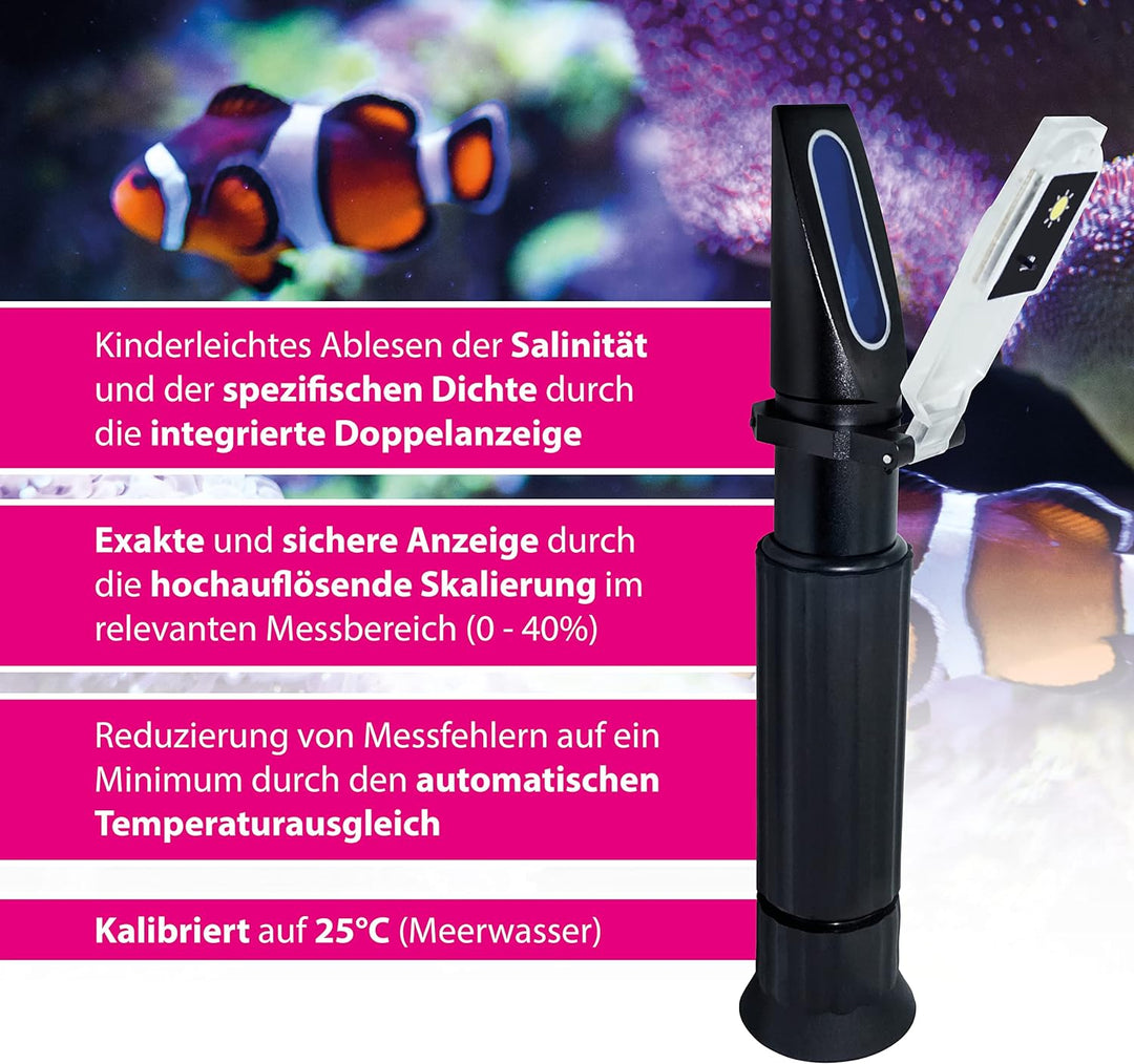 ARKA - Refraktometer | Salinität/Salzgehalt & Dichte Messgerät für Wasser | Inkl. LED-Licht | Mit Te