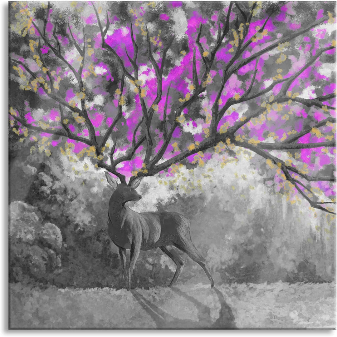 Pixxprint Glasbild | Wandbild auf Echtglas | Fantasievoller Hirsch mit Baumgeweih B&W Detail | 70x70