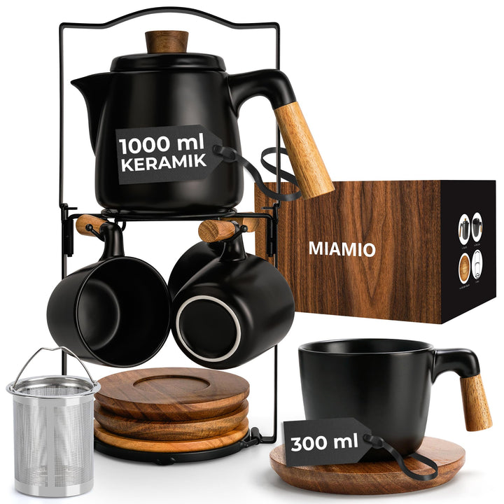MIAMIO - 1 Liter Keramik-Teekanne-Set mit Siebeinsatz und Tassen/Teesieb, 4 Keramik-Teetassen (300 m