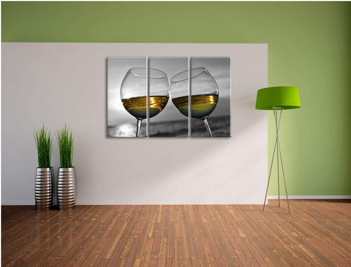 Wein in Gläsern am Meer schwarz/weiss 3-Teiler Leinwandbild 120x80 Bild auf Leinwand, XXL riesige Bi