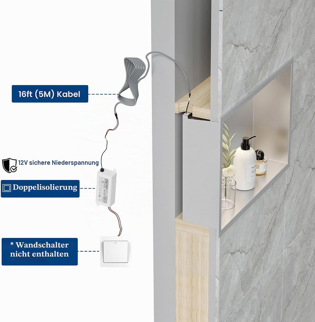Wandnische Dusche Edelstahl mit LED-Beleuchtung, Duschnische Einbau-Nische mit Farbtemperatureinstel