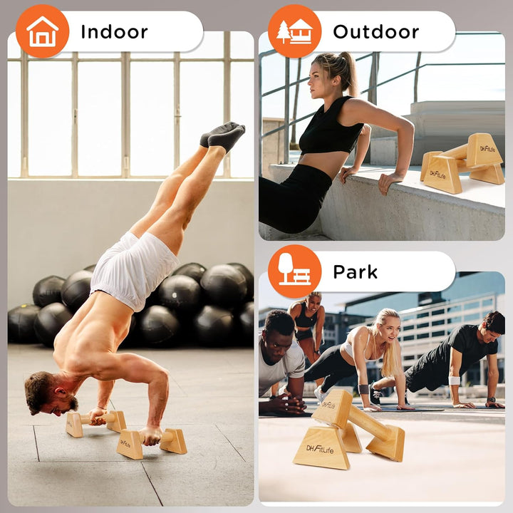 DH FitLife Liegestützgriffe aus Holz - 2x gelenksschonende & rutschfeste Handstand-Griffe | Parallet