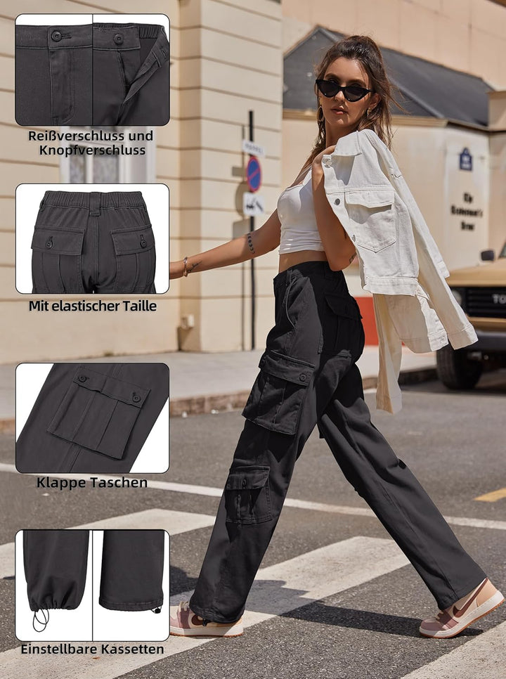 Fuakesor Cargohose Damen Baggy Y2K Multi Taschen High Waist Stretch Wanderhose Sport Jogginghose mit