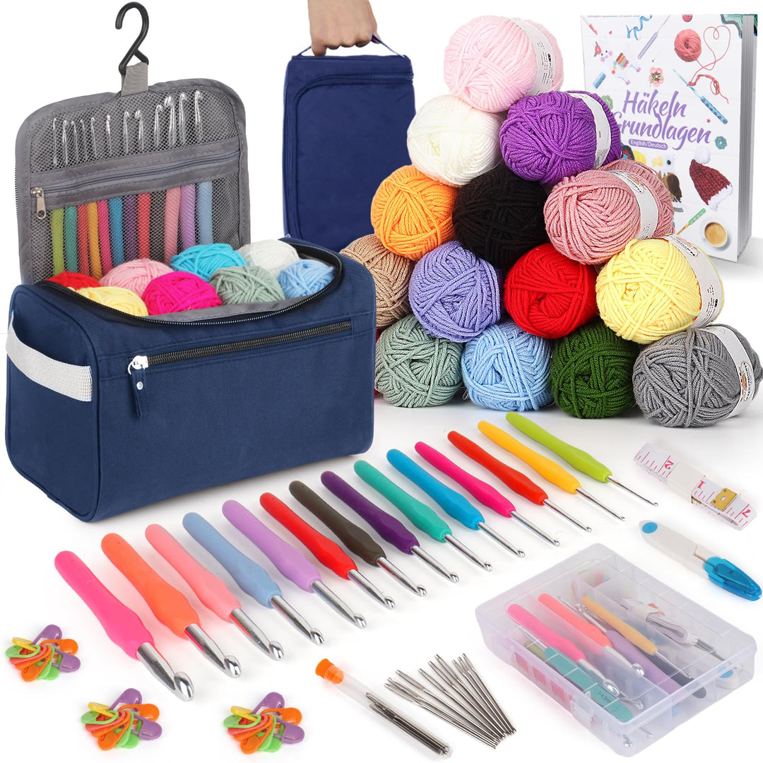 Coopay 73 Stück Häkelset für Anfänger, Tragbar Häkelnadel Set mit 15 Wolle, Tasche, Häkelzubehör, 2,