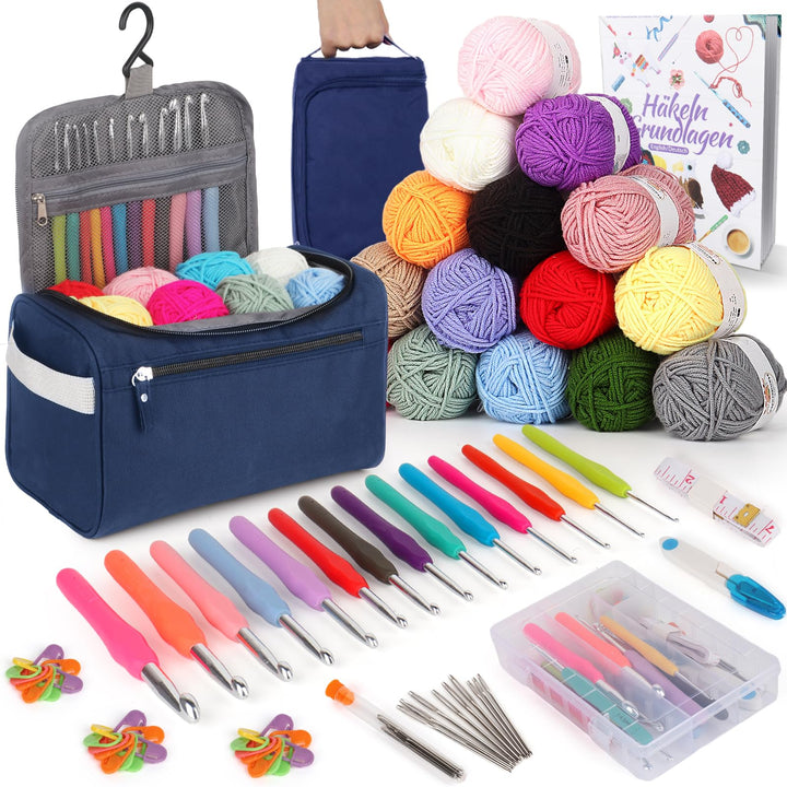 Coopay 73 Stück Häkelset für Anfänger, Tragbar Häkelnadel Set mit 15 Wolle, Tasche, Häkelzubehör, 2,