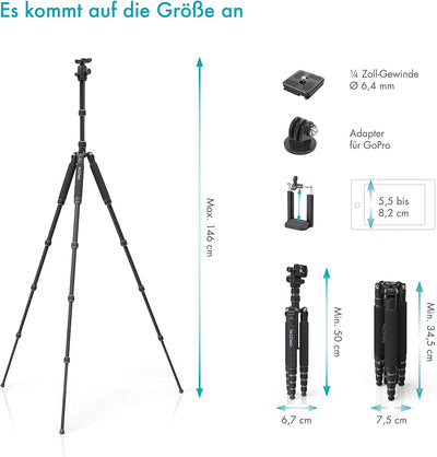 Kamera Stativ für Spiegelreflexkamera (DSLR-Tripod mit Zubehör, 1530g leicht, 3-Wege Kugelkopf, inkl