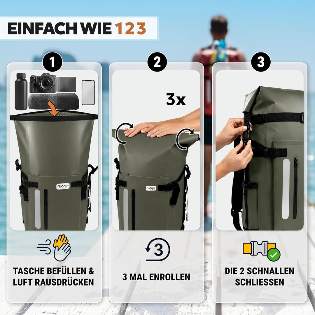 Ruqqle Wasserdichter Rucksack, vielseitig, wasserdicht Tasche, Dry Bag 20/30/45 l, mit 3 Aussentasch