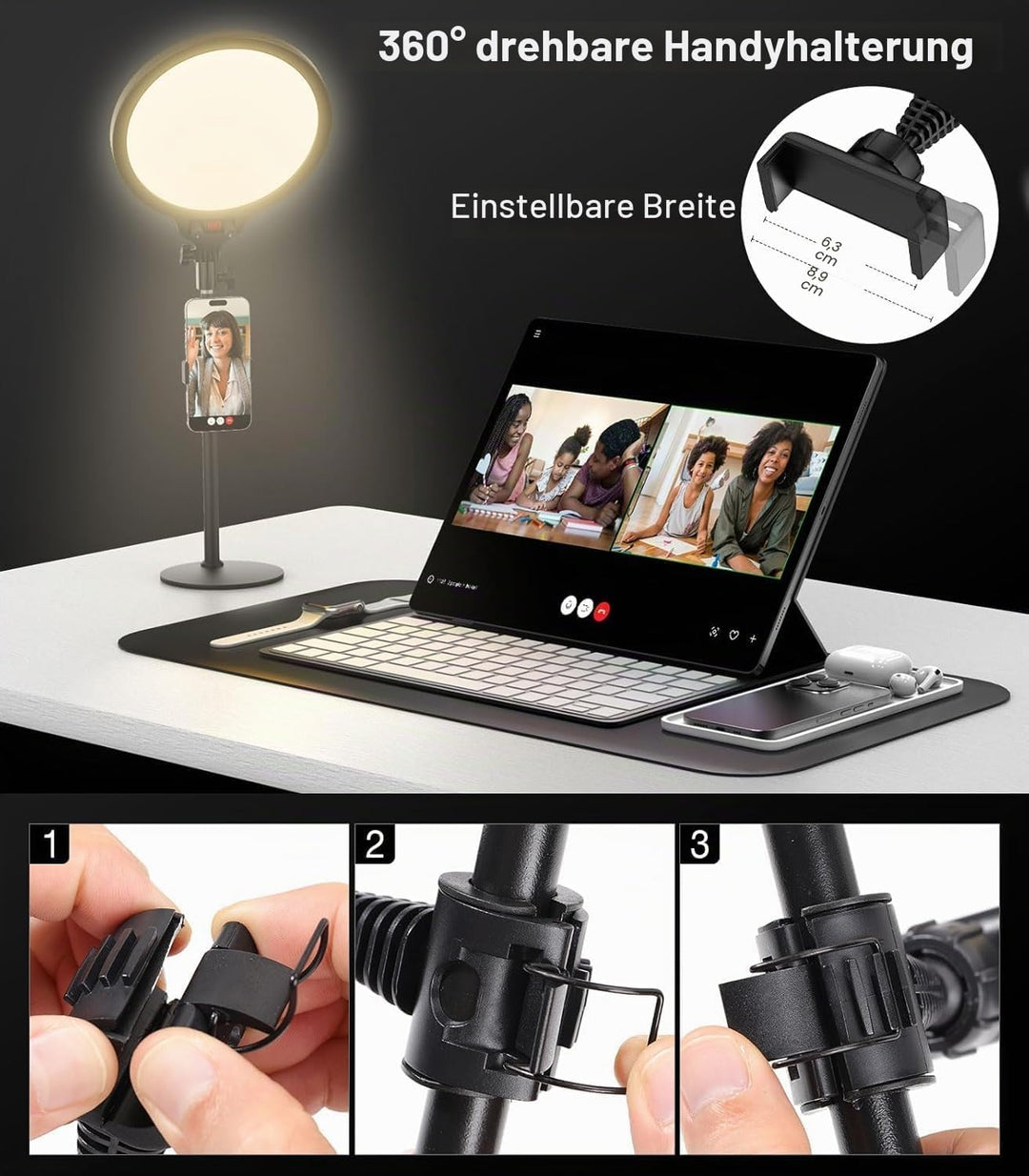 MoKo Ringlicht mit Stativ Handy, 10" Vollbild LED Ringlicht Tisch mit Ständer und Telefonhalter, La