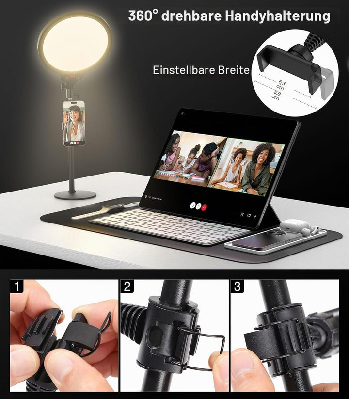 MoKo Ringlicht mit Stativ Handy, 10" Vollbild LED Ringlicht Tisch mit Ständer und Telefonhalter, La