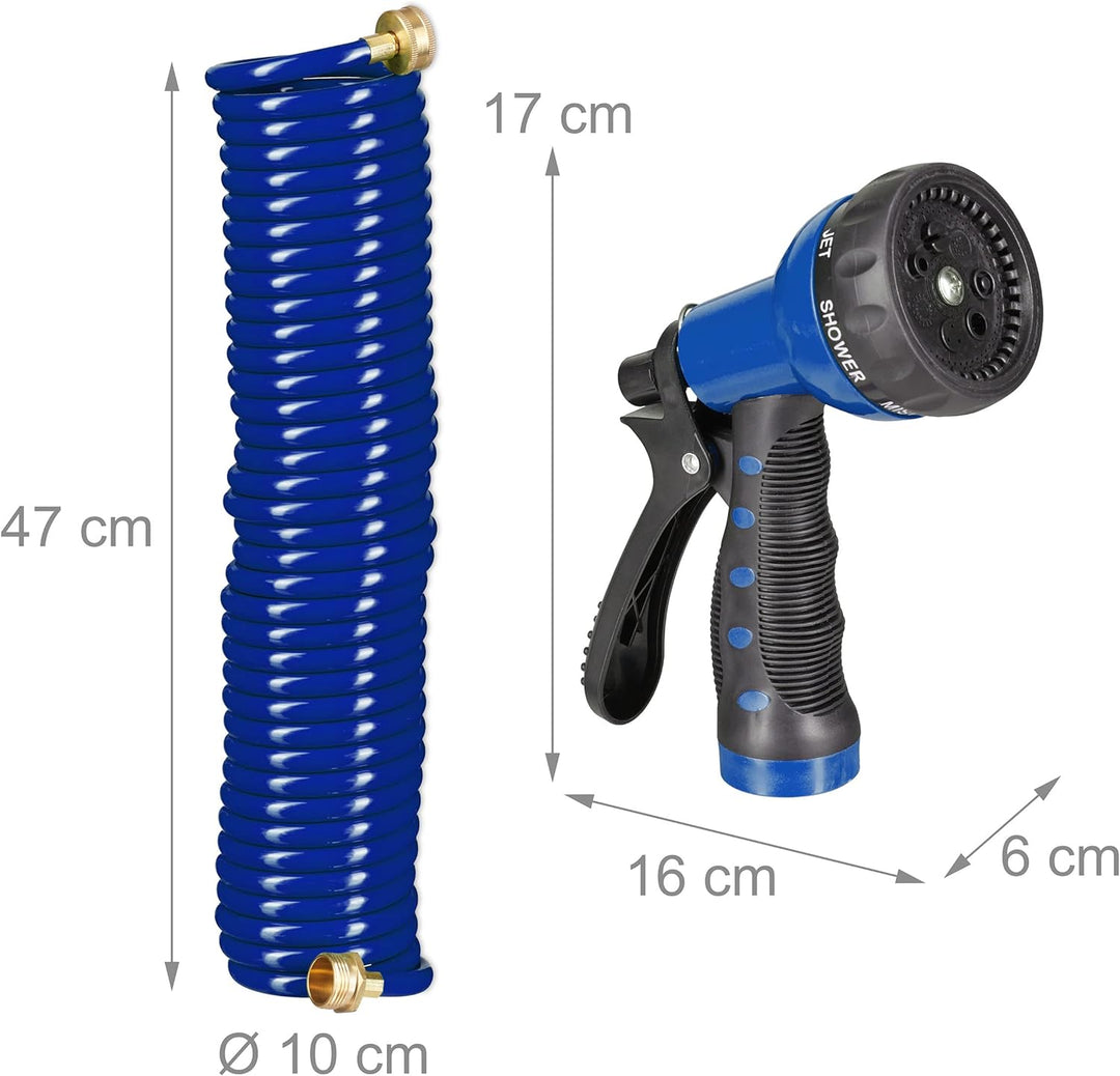 Relaxdays Spiralschlauch Wasser, bis 10 m ausziehbar, flexibler Gartenschlauch mit Wasserbrause, 7 S
