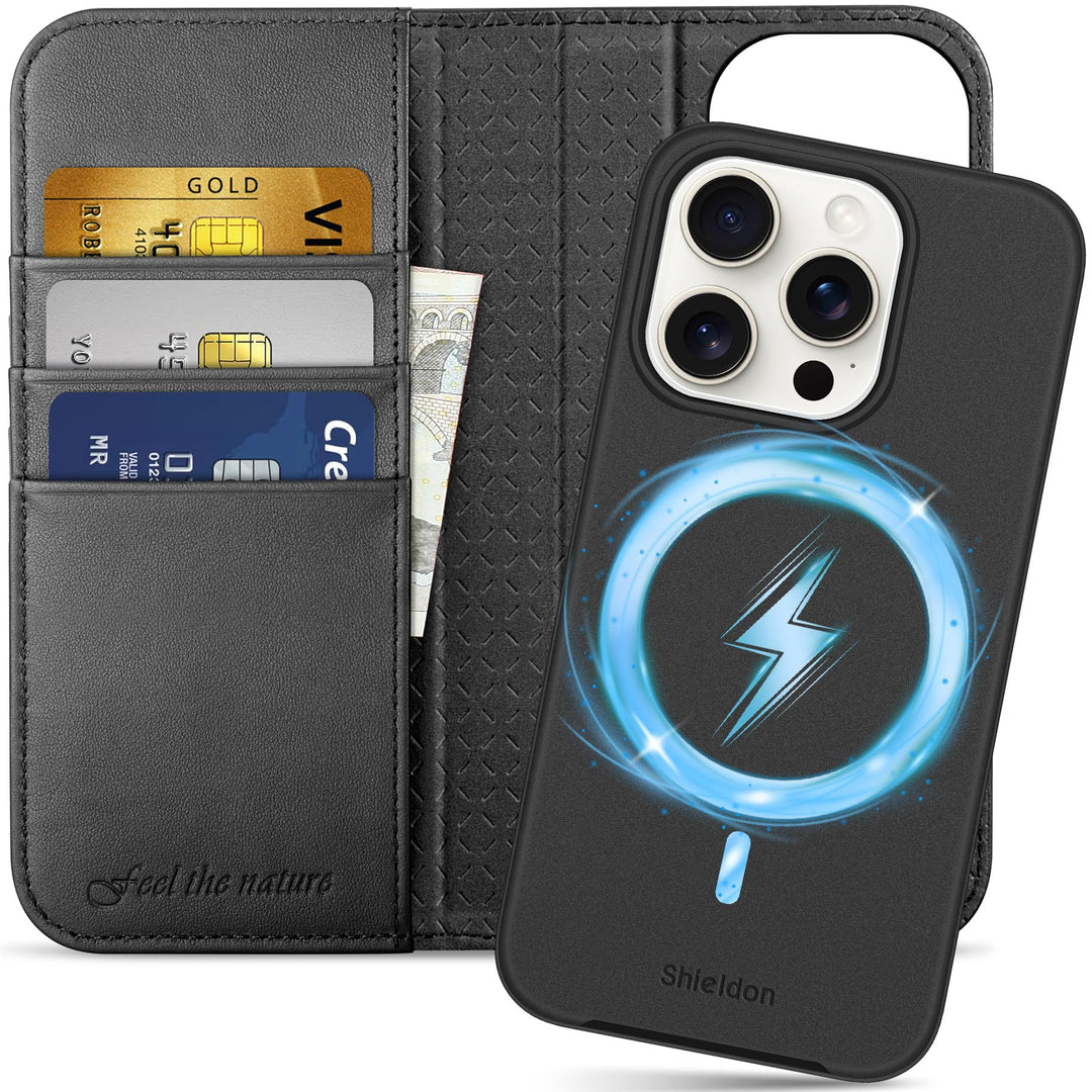 SHIELDON Hülle für iPhone 15 Pro, Echtleder Handyhülle [Abnehmbar] [kabelloses Laden] [Kartenfach] [
